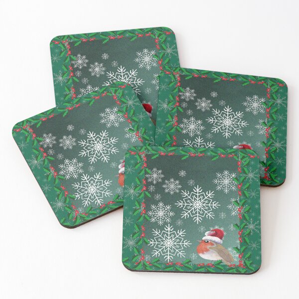 Item preview, Robin redbreast against a green background with snowflakes and holly designed and sold by SusanAlisonArt.