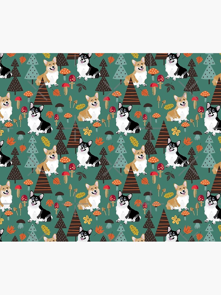 Corgis In Fall Forest - Dark Teal by Corgiworld