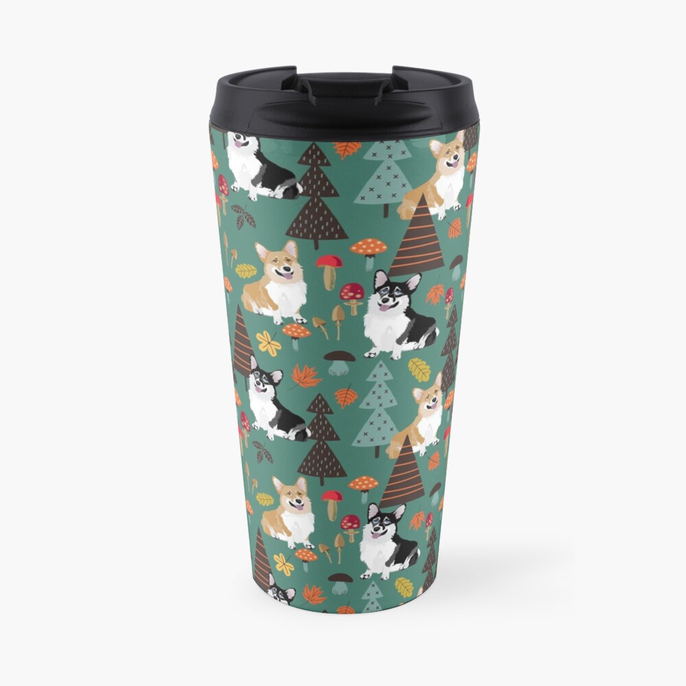 Corgis In Fall Forest - Dark Teal Travel Mug