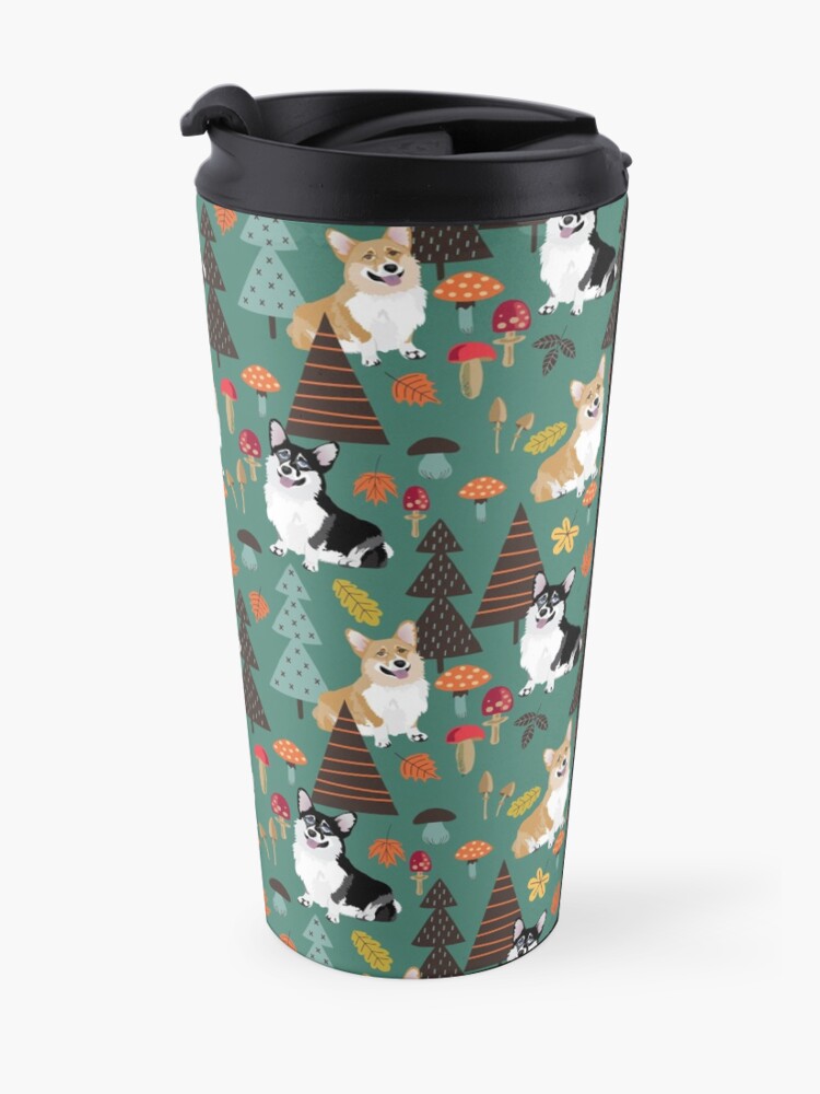Alternate view of Corgis In Fall Forest - Dark Teal Travel Mug
