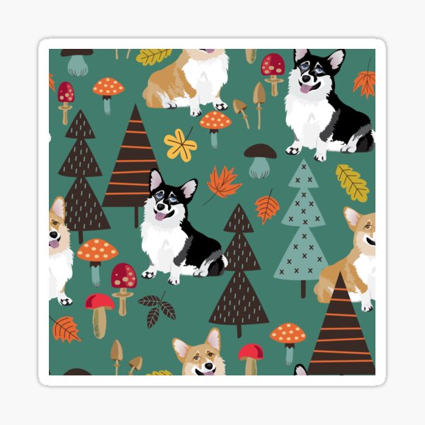 Corgis In Fall Forest - Dark Teal Sticker