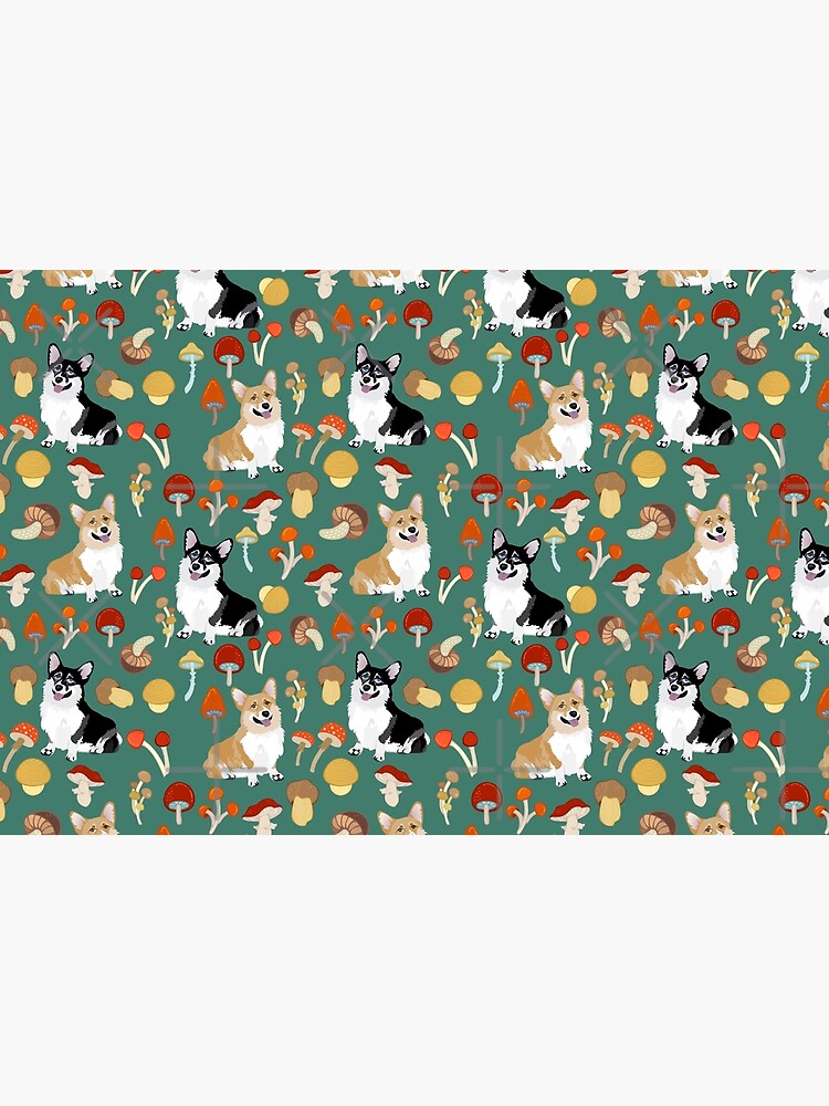 Corgis In Mushroom Fall Forest - Teal by Corgiworld