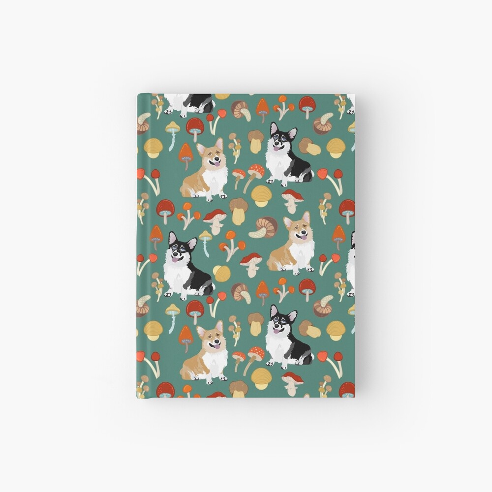 Corgis In Mushroom Fall Forest - Teal Hardcover Journal