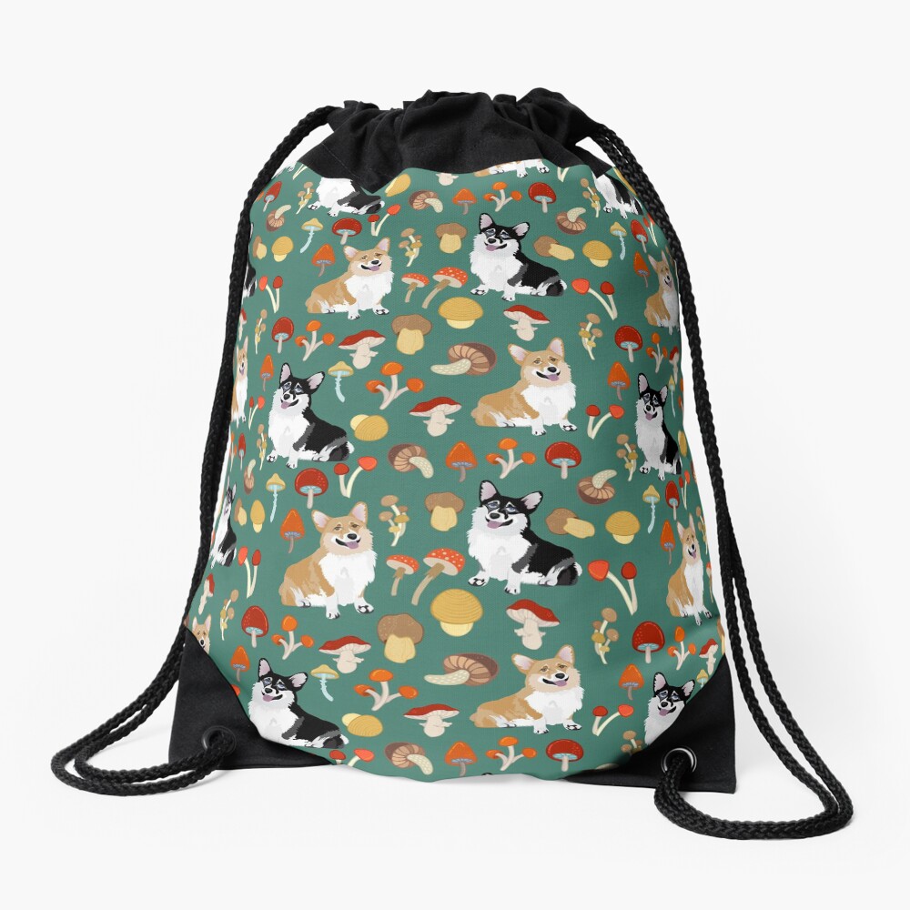 Corgis In Mushroom Fall Forest - Teal Drawstring Bag