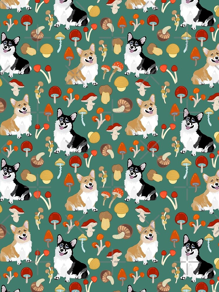 Corgis In Mushroom Fall Forest - Teal by Corgiworld
