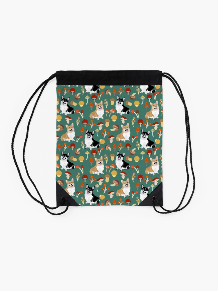 Alternate view of Corgis In Mushroom Fall Forest - Teal Drawstring Bag