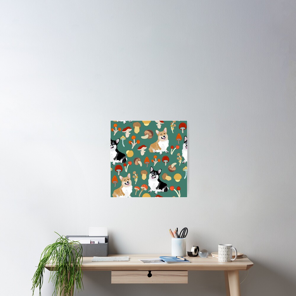 Corgis In Mushroom Fall Forest - Teal Poster