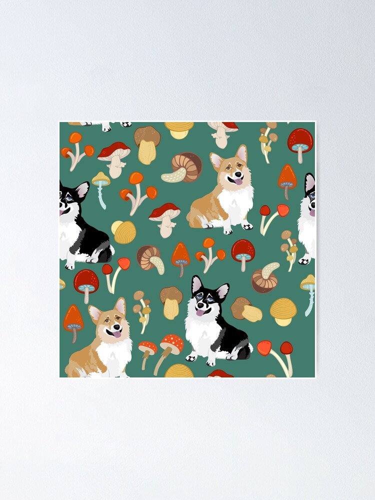 Alternate view of Corgis In Mushroom Fall Forest - Teal Poster