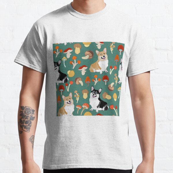 Corgis In Mushroom Fall Forest - Teal Classic T-Shirt