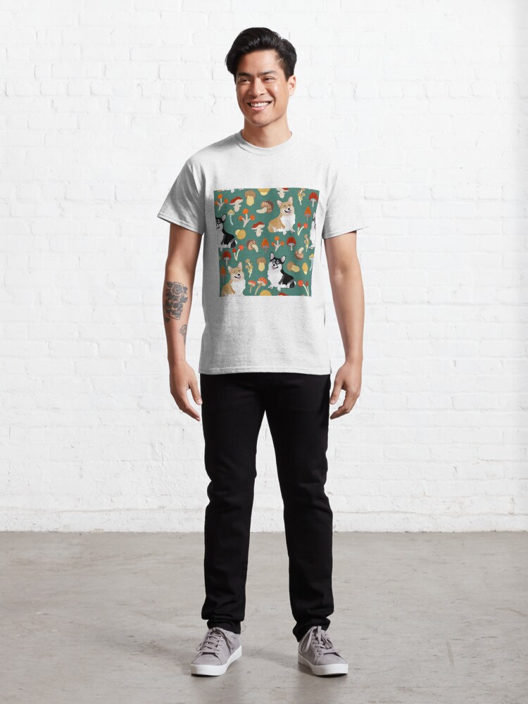Alternate view of Corgis In Mushroom Fall Forest - Teal Classic T-Shirt