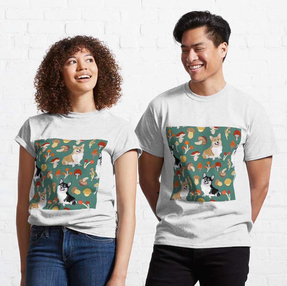 Corgis In Mushroom Fall Forest - Teal Classic T-Shirt