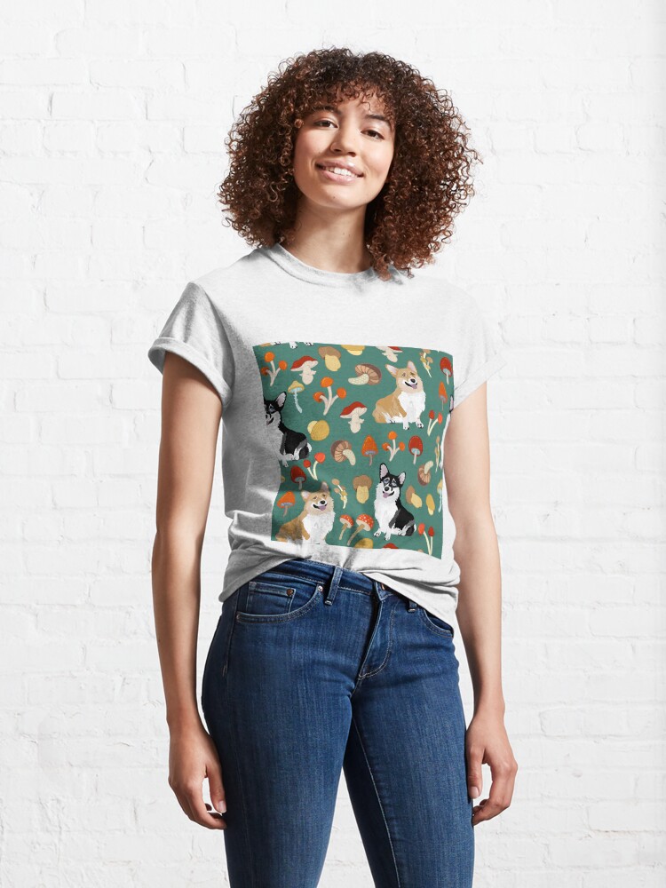 Alternate view of Corgis In Mushroom Fall Forest - Teal Classic T-Shirt