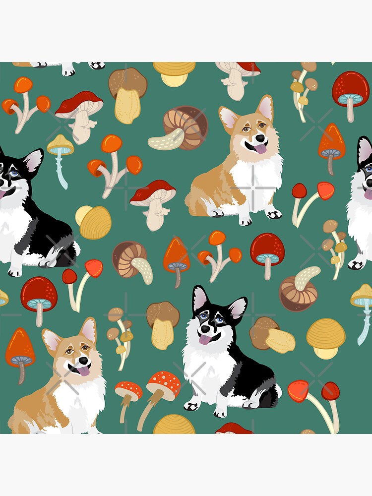 Corgis In Mushroom Fall Forest - Teal by Corgiworld