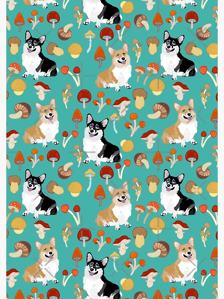 Corgis In Mushroom Fall Forest - Turquoise by Corgiworld