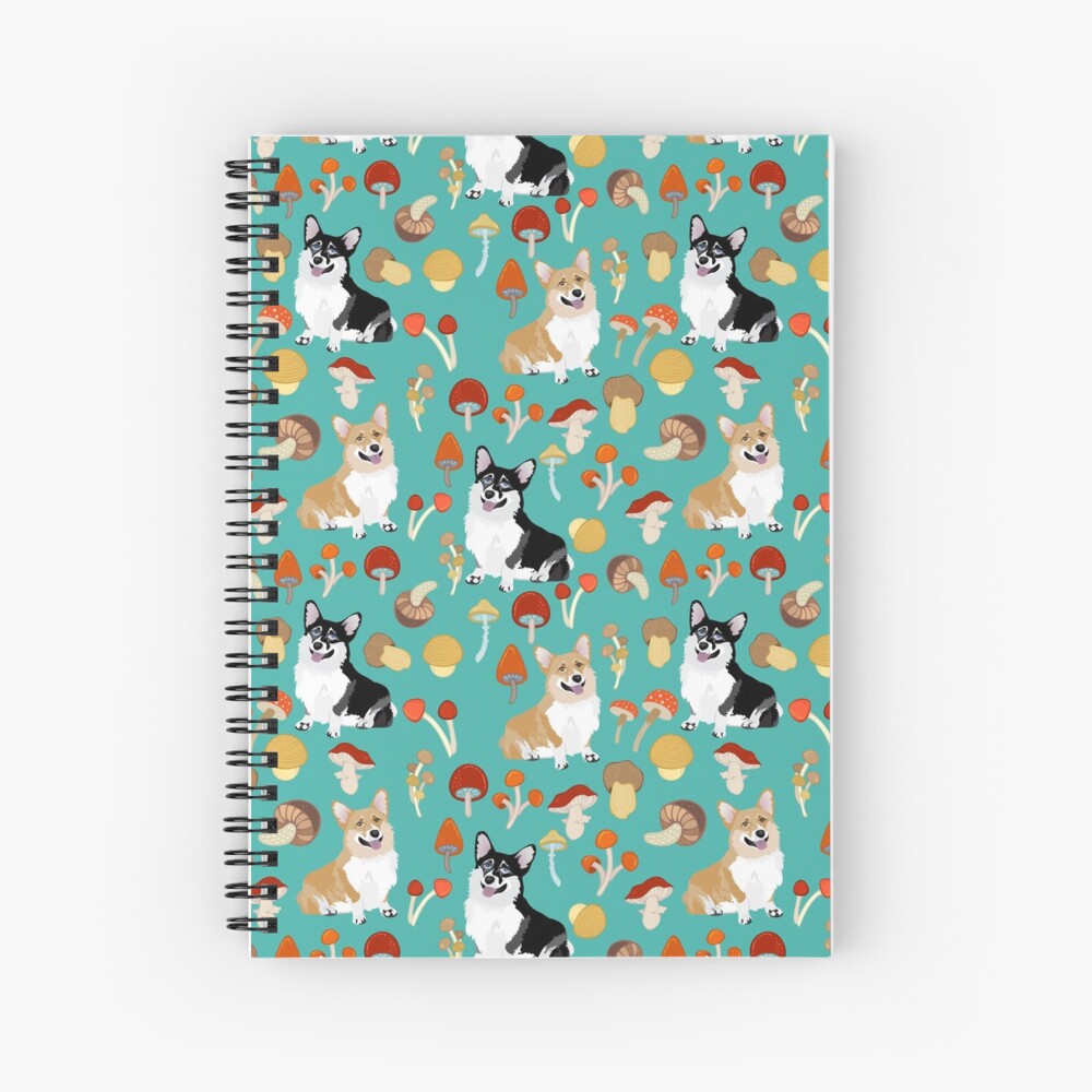 Corgis In Mushroom Fall Forest - Turquoise Spiral Notebook