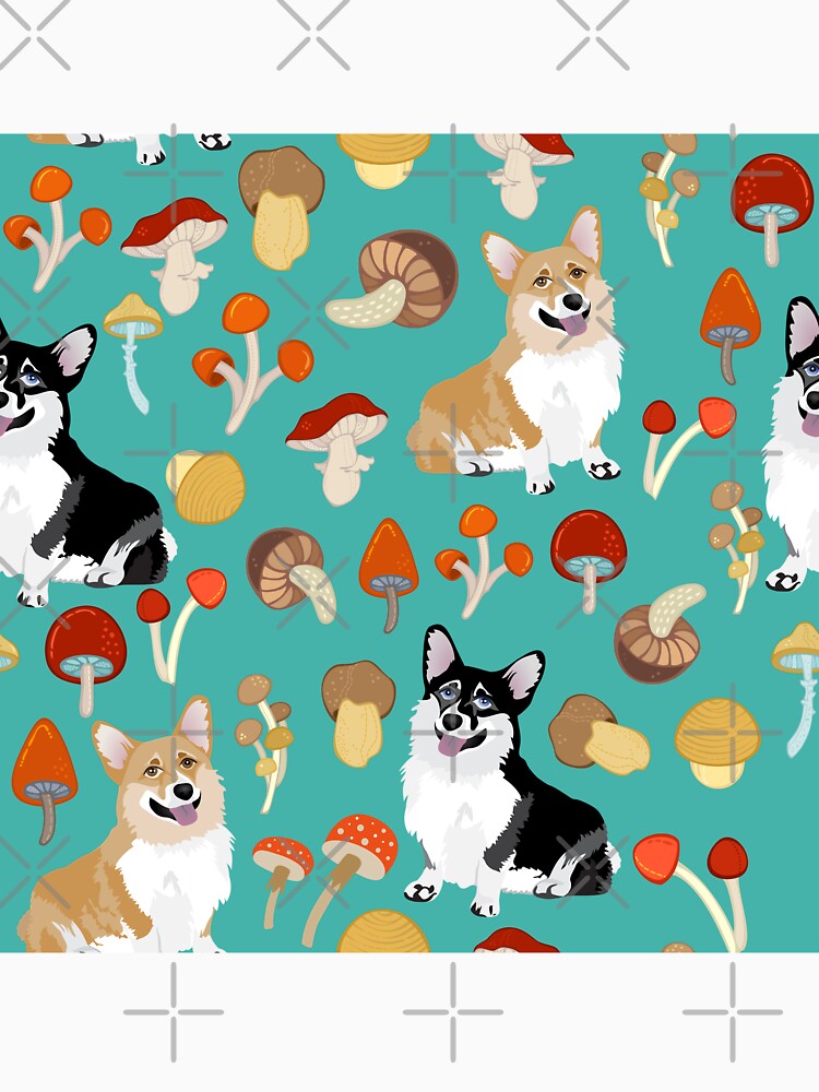 Corgis In Mushroom Fall Forest - Turquoise by Corgiworld