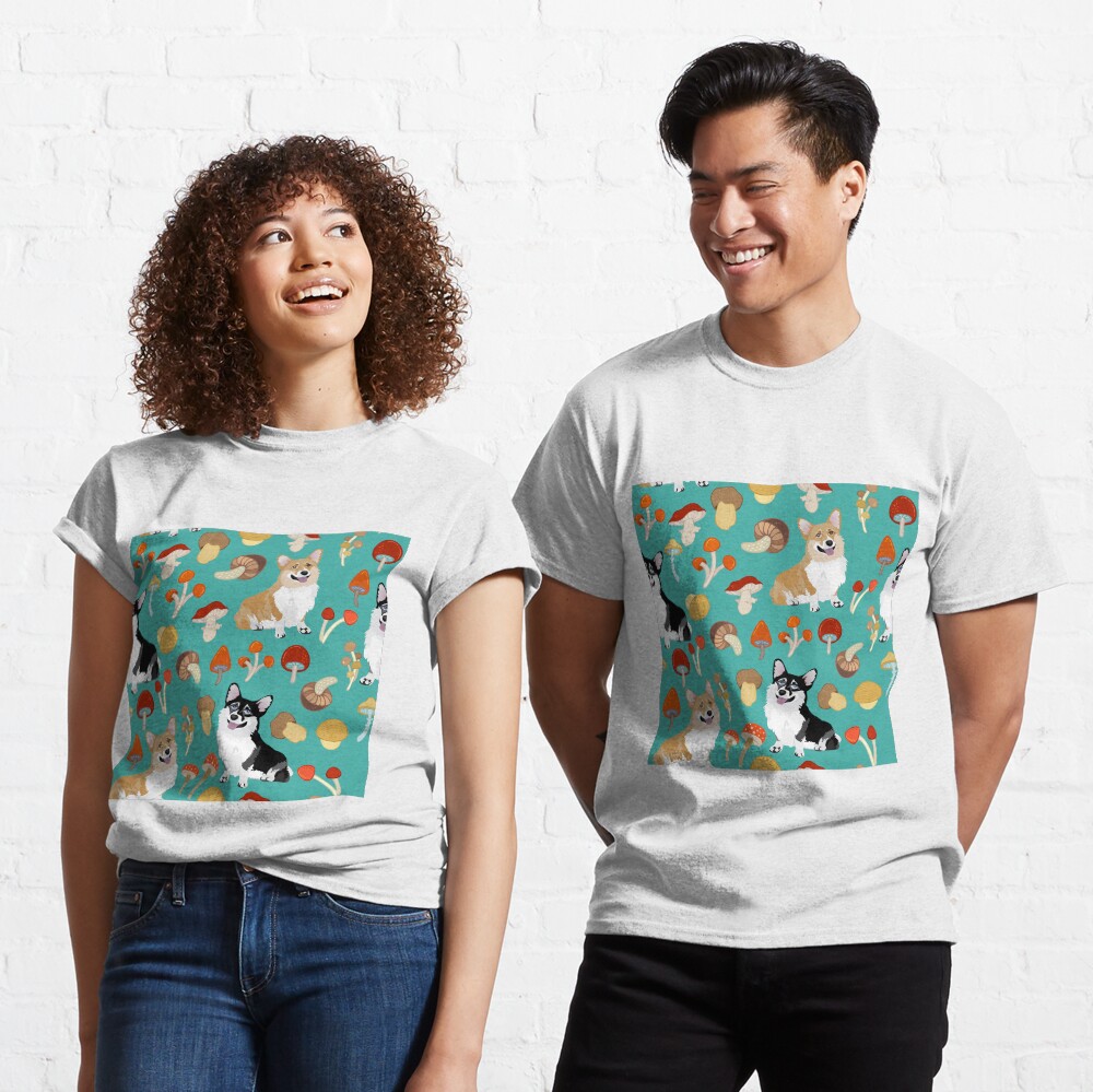 Corgis In Mushroom Fall Forest - Turquoise Classic T-Shirt