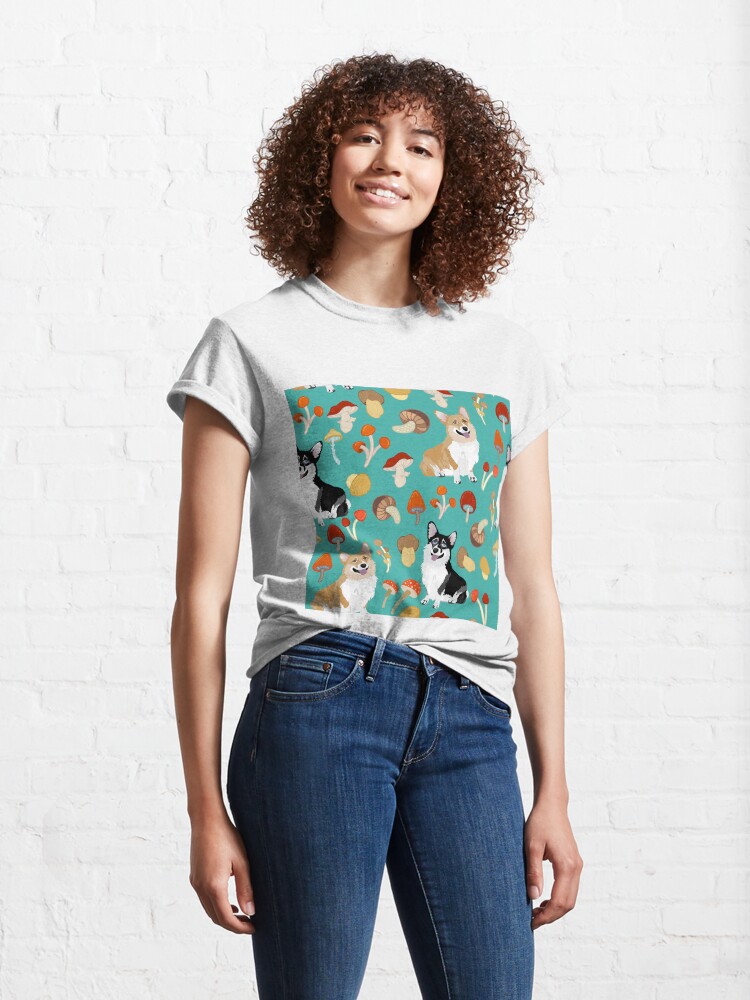 Alternate view of Corgis In Mushroom Fall Forest - Turquoise Classic T-Shirt