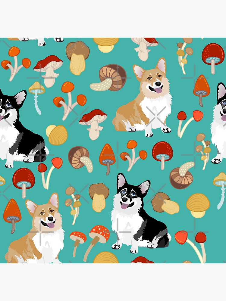 Corgis In Mushroom Fall Forest - Turquoise by Corgiworld
