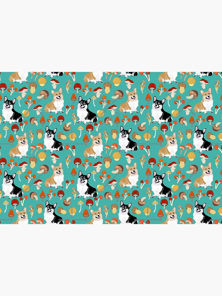 Corgis In Mushroom Fall Forest - Turquoise by Corgiworld