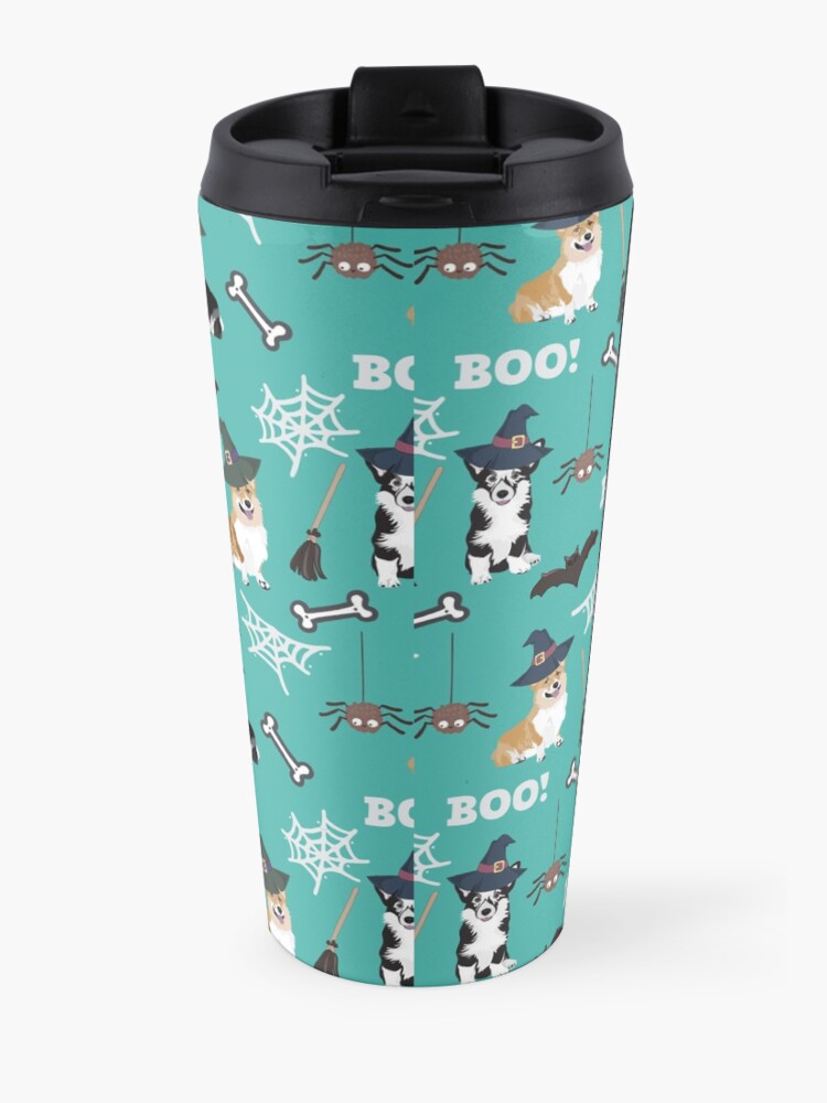 Alternate view of Corgis Celebrate Halloween - BOOOOO - turquoise Travel Mug