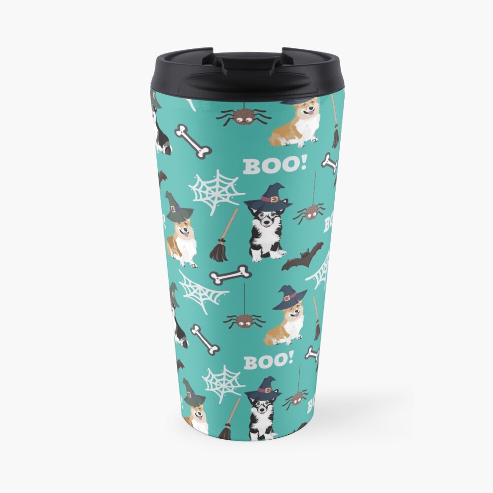 Corgis Celebrate Halloween - BOOOOO - turquoise Travel Mug