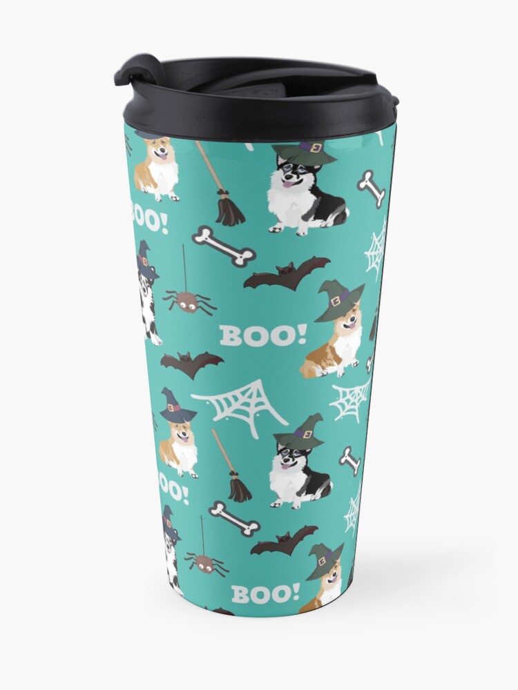 Alternate view of Corgis Celebrate Halloween - BOOOOO - turquoise Travel Mug