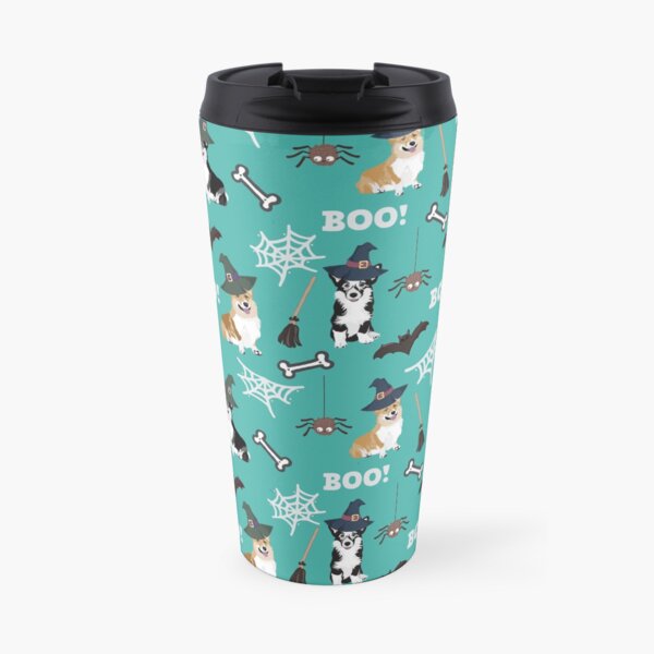 Corgis Celebrate Halloween - BOOOOO - turquoise Travel Mug