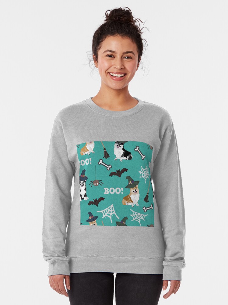 Alternate view of Corgis Celebrate Halloween - BOOOOO - turquoise Pullover Sweatshirt