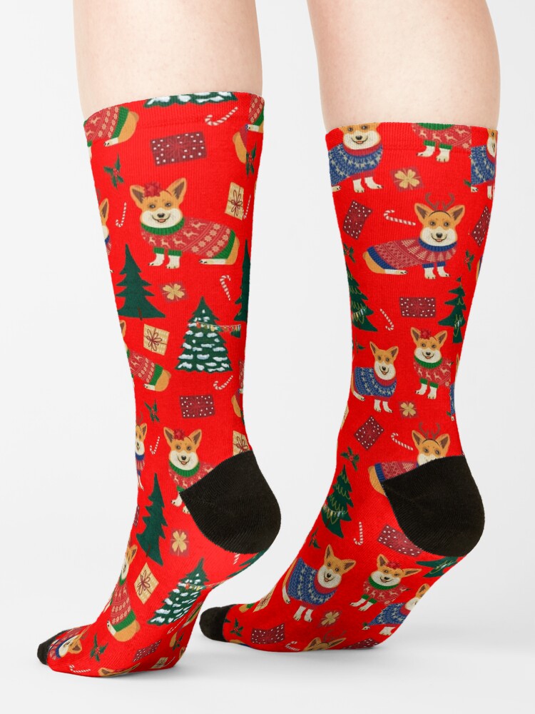 Alternate view of Merry Corgmess - Corgi Christmas Pattern - red Socks