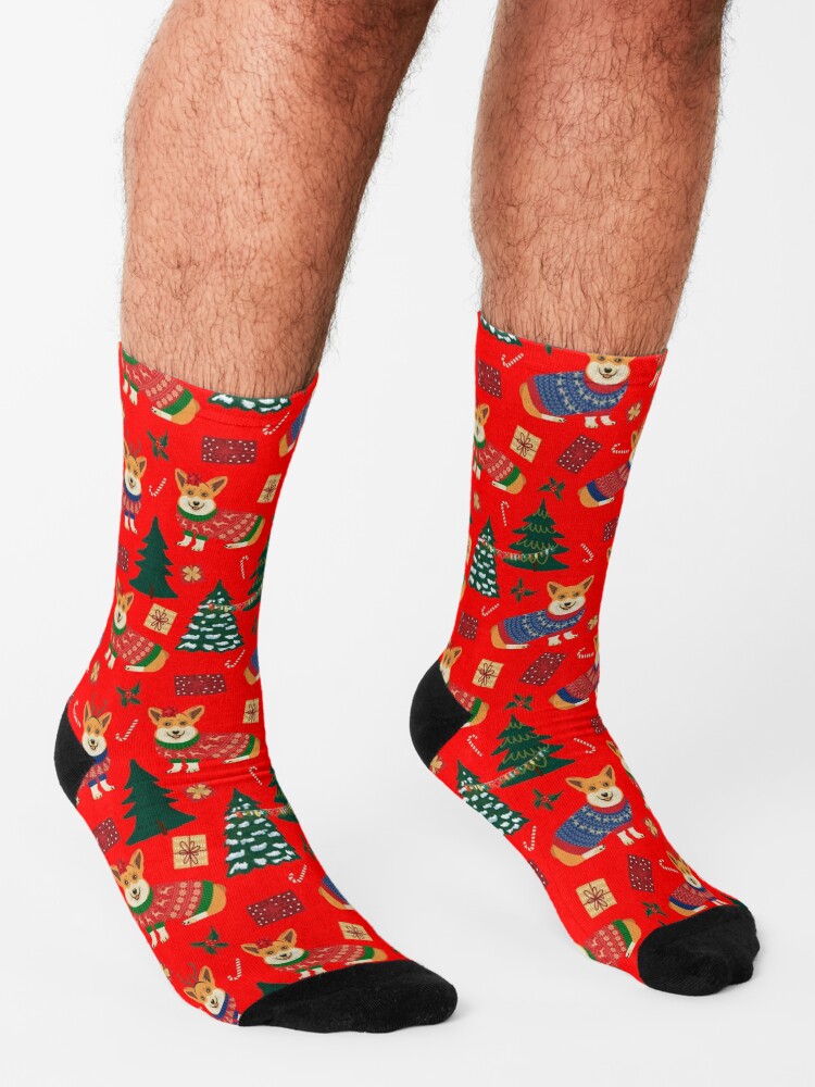 Alternate view of Merry Corgmess - Corgi Christmas Pattern - red Socks