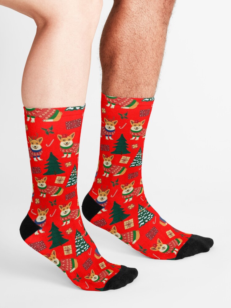Alternate view of Merry Corgmess - Corgi Christmas Pattern - red Socks