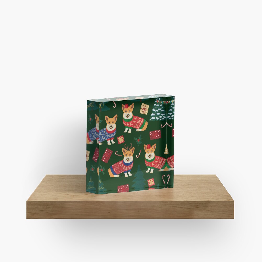Merry Corgmess - Corgi Christmas Pattern - green Acrylic Block