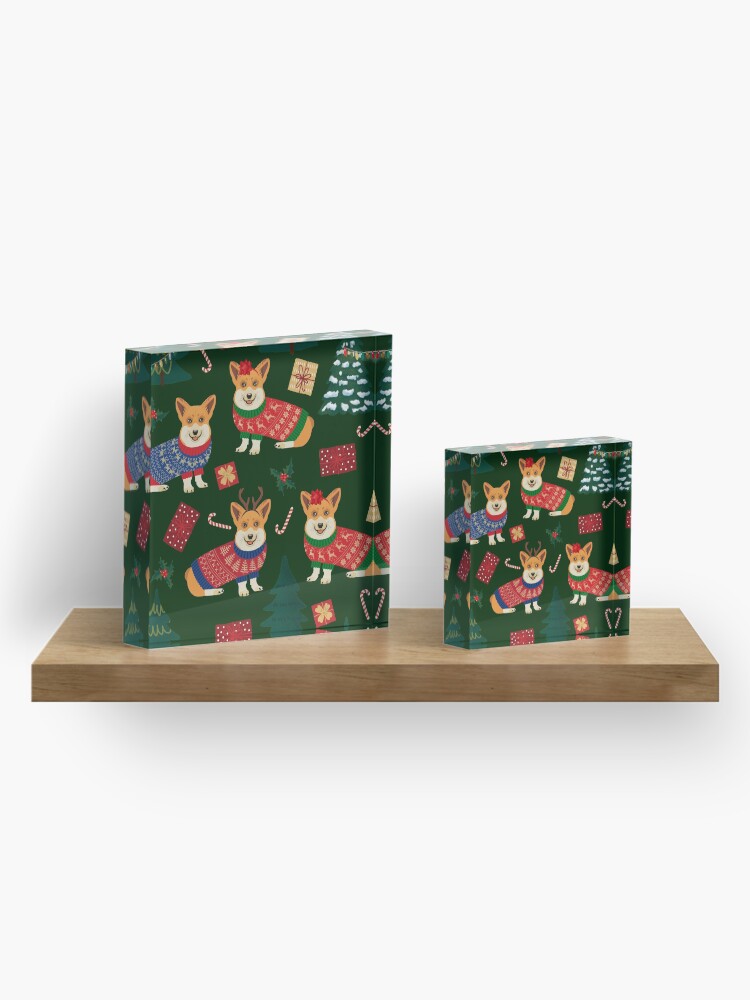 Alternate view of Merry Corgmess - Corgi Christmas Pattern - green Acrylic Block
