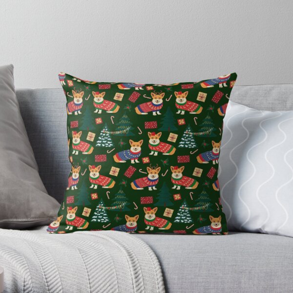 Merry Corgmess - Corgi Christmas Pattern - green Throw Pillow