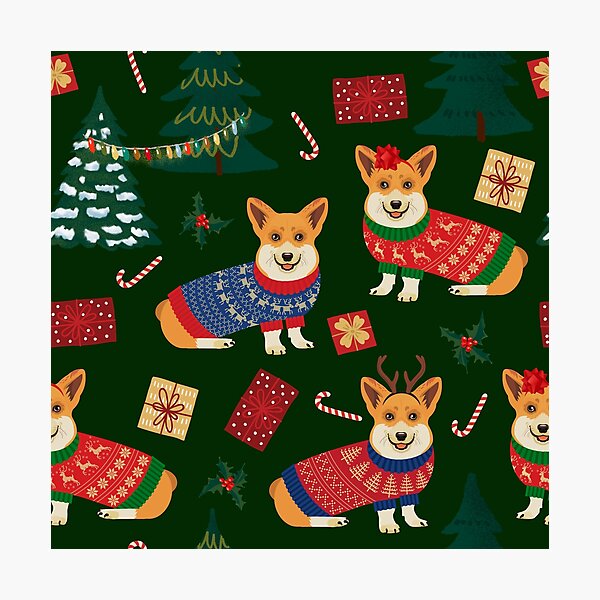 Merry Corgmess - Corgi Christmas Pattern - green Photographic Print