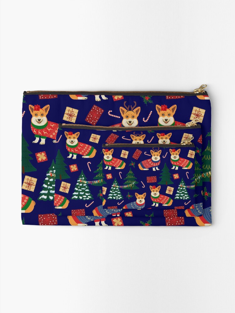 Alternate view of Merry Corgmess - Corgi Christmas Pattern - blue Zipper Pouch
