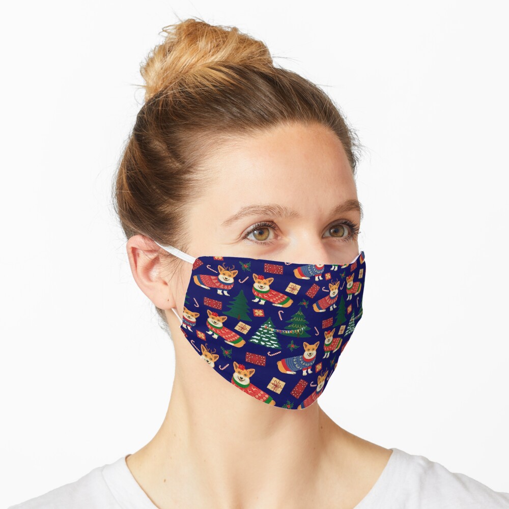 Merry Corgmess - Corgi Christmas Pattern - blue Mask