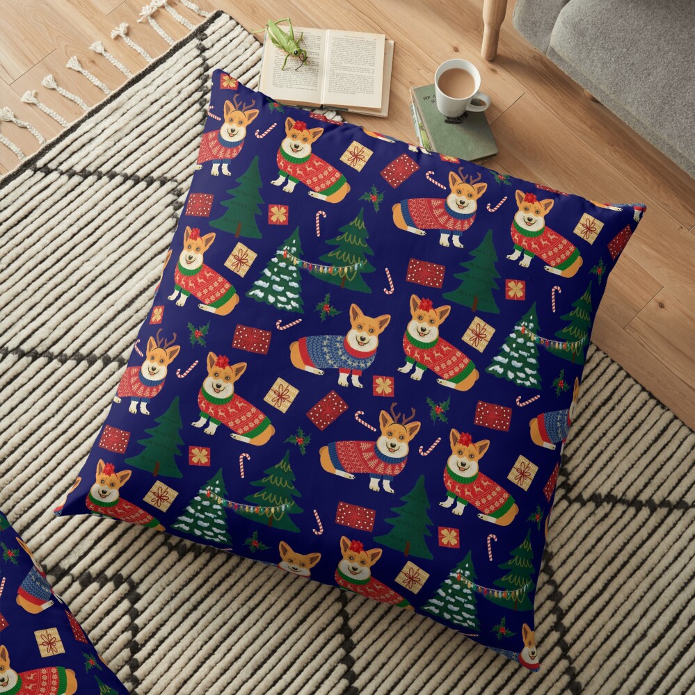 Merry Corgmess - Corgi Christmas Pattern - blue Floor Pillow