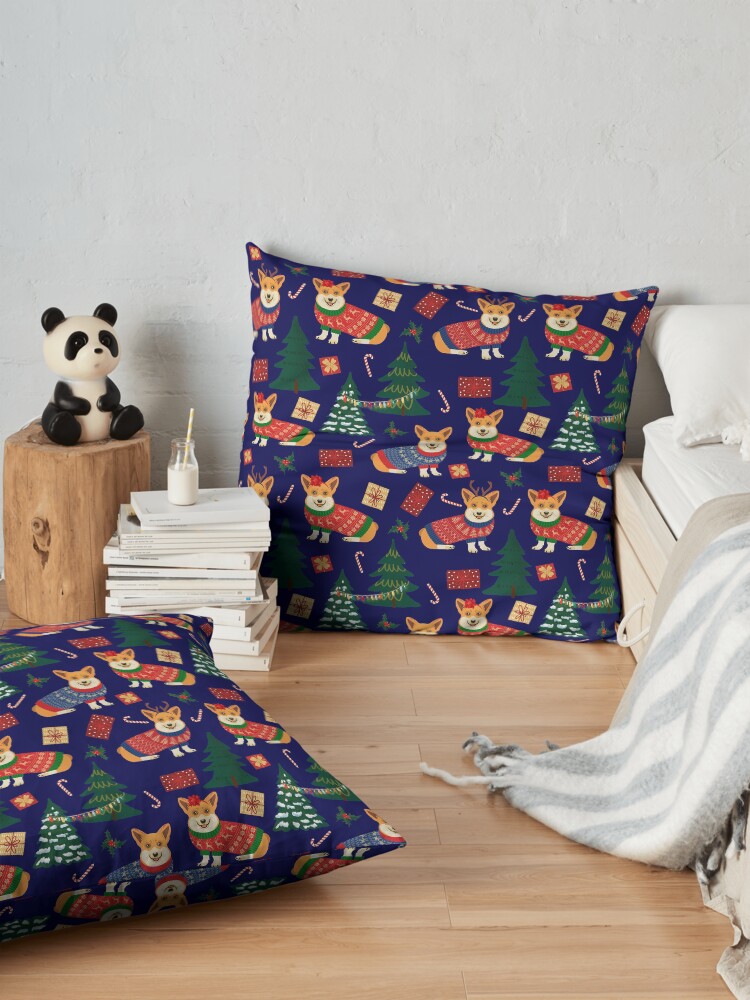 Alternate view of Merry Corgmess - Corgi Christmas Pattern - blue Floor Pillow