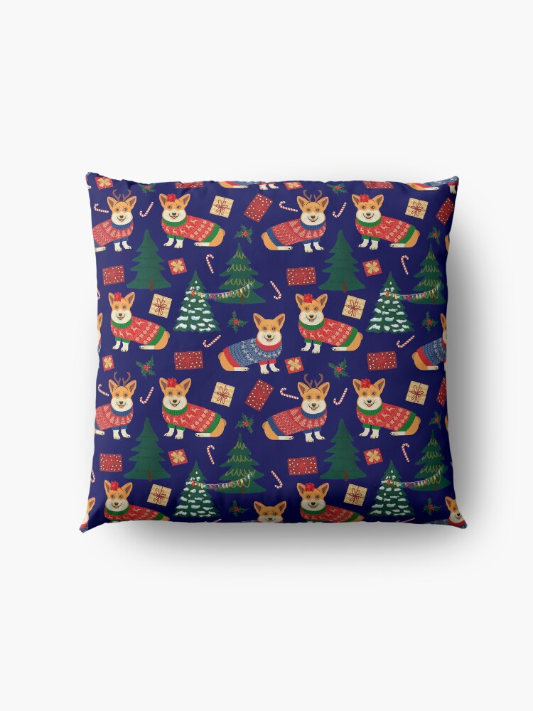 Alternate view of Merry Corgmess - Corgi Christmas Pattern - blue Floor Pillow