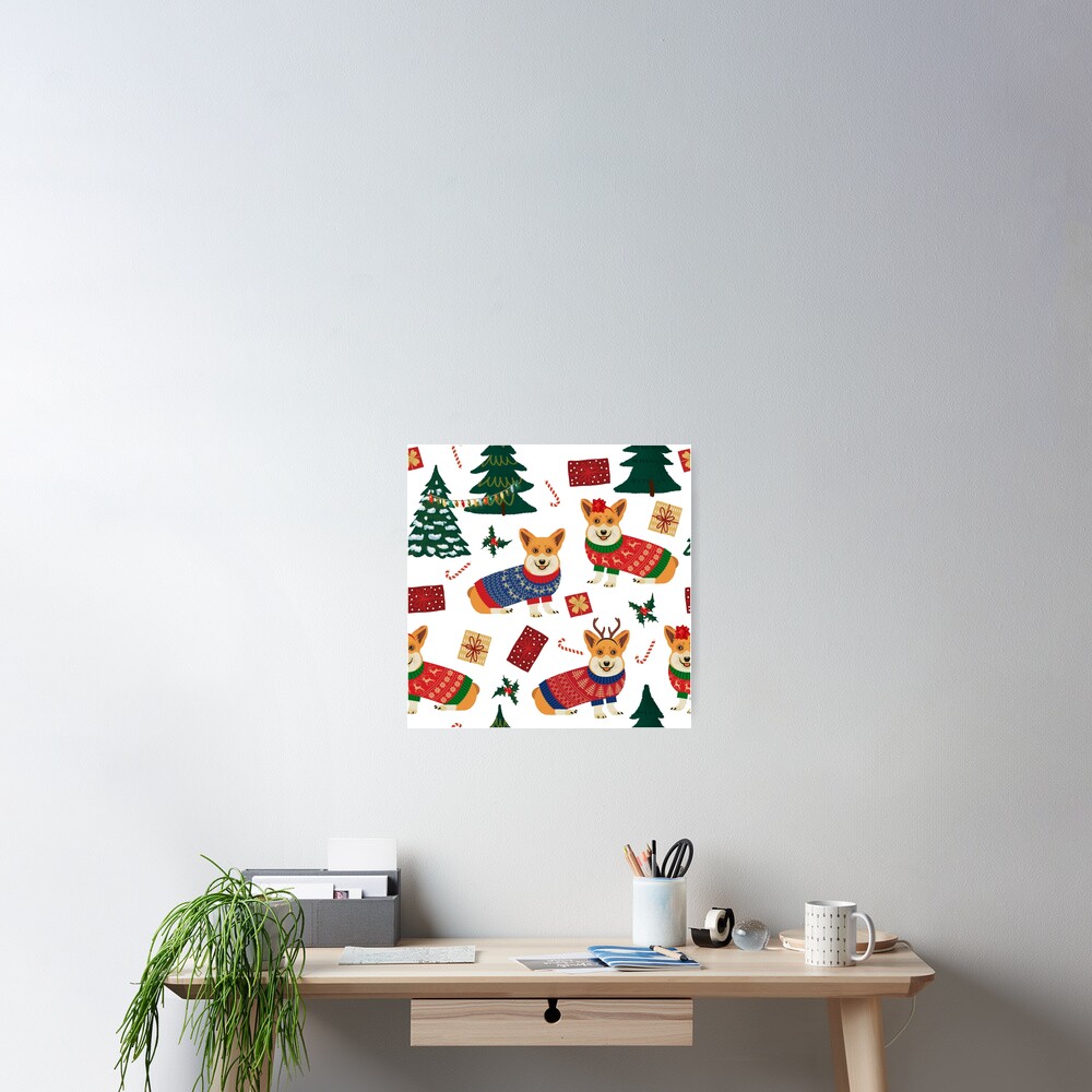 Merry Corgmess - Corgi Christmas Pattern - white Poster