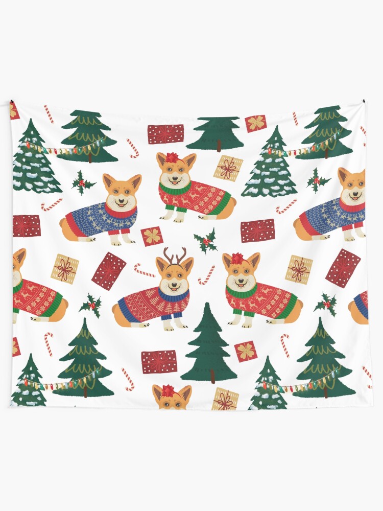 Alternate view of Merry Corgmess - Corgi Christmas Pattern - white Tapestry