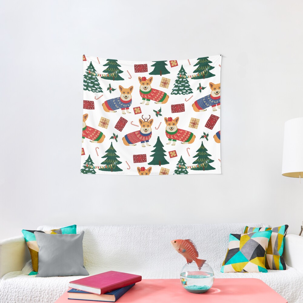 Merry Corgmess - Corgi Christmas Pattern - white Tapestry
