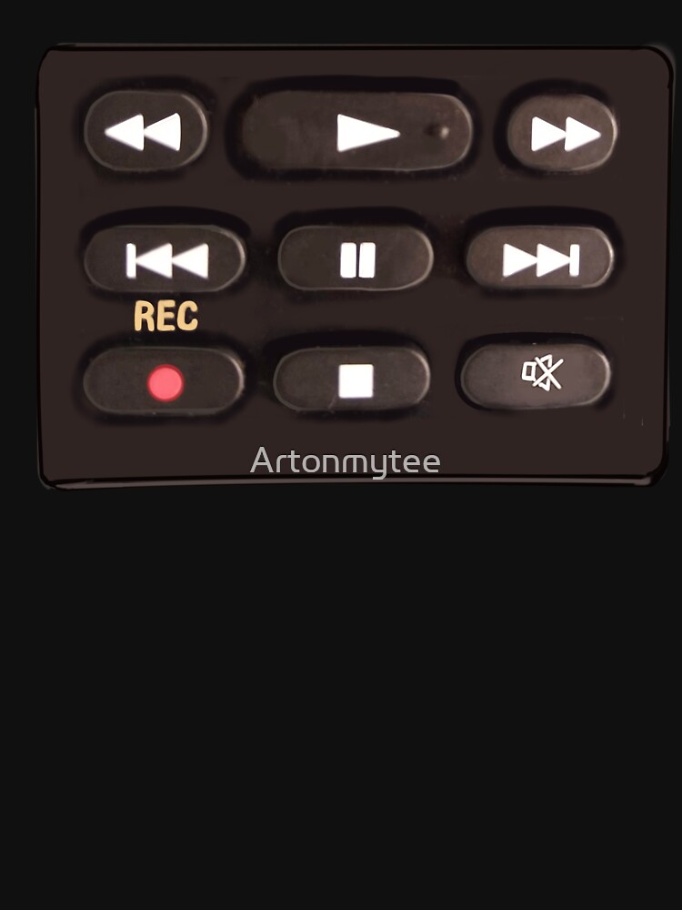 "Remote control buttons press play, rewind, fast forward, record, pause