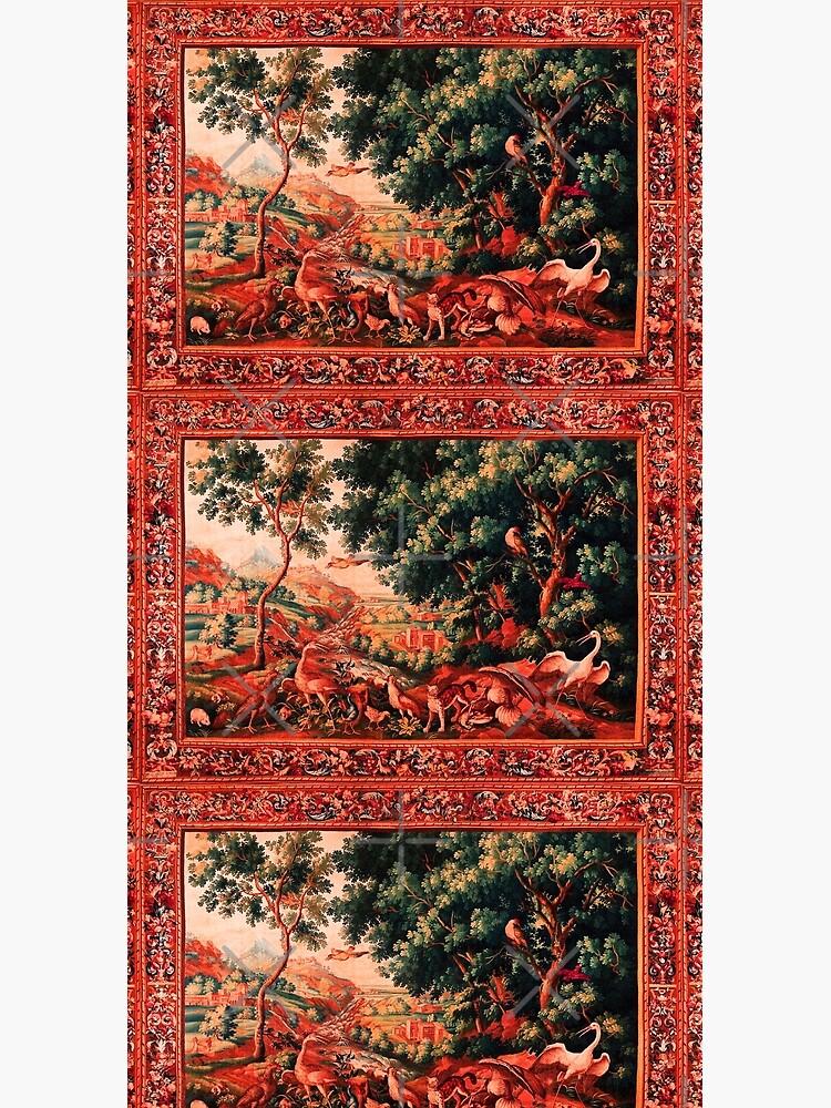 WILD ANIMALS, BIRDS AND WATERFALLS IN WOODLAND Picturesque Flemish Tapestry in Antique Red Green by BulganLumini