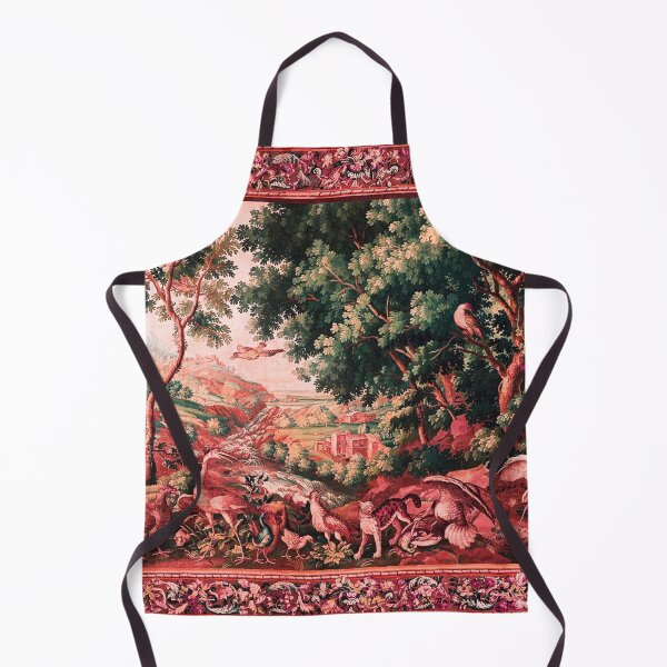 Aperçu de l'œuvre ANIMAUX SAUVAGES, OISEAUX ET CASCADES DANS LES BOIS Tapisserie flamande pittoresque en vert rose antique créée et vendue par BulganLumini.