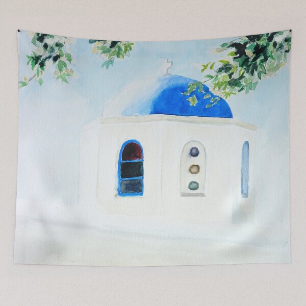 Item preview, hand painted white and blue Santorini church  designed and sold by ColorandColor.