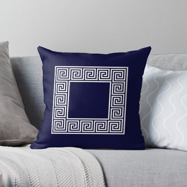 Navy Blue Greek Key Meander Square Throw Pillow