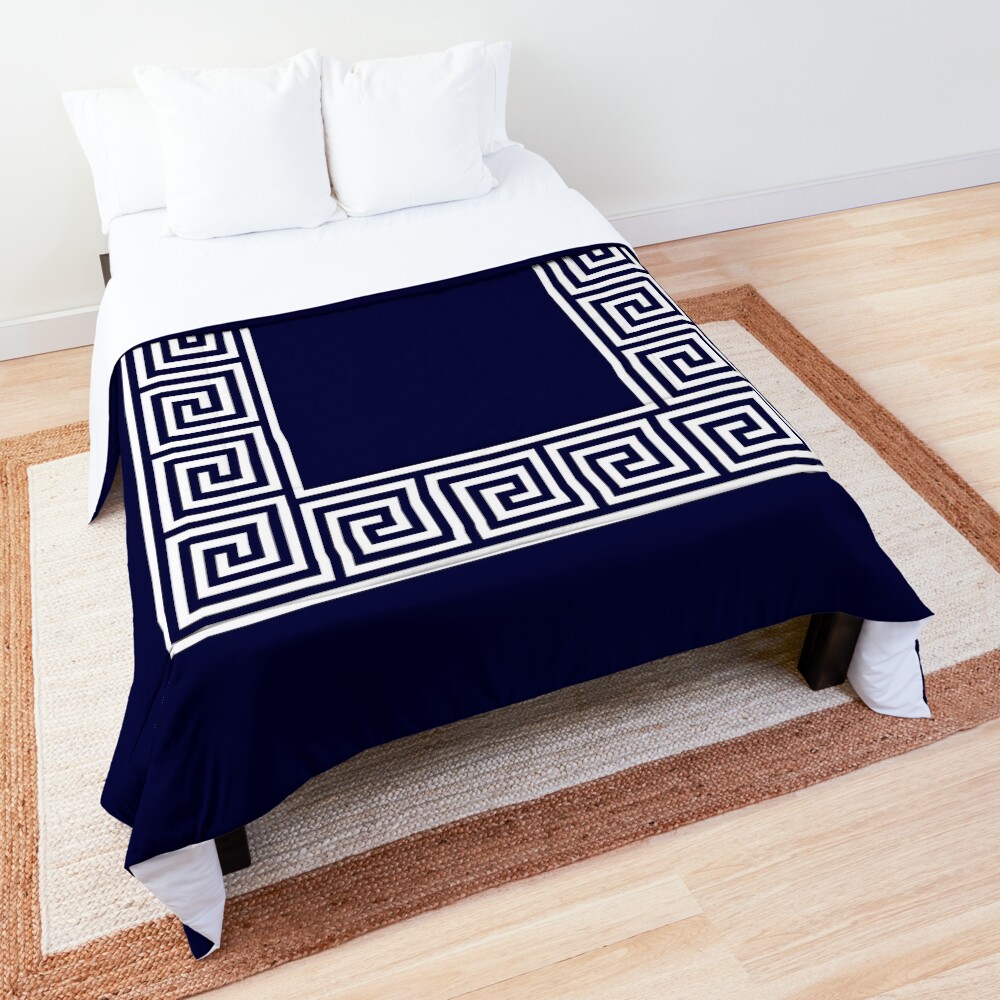 "Navy Blue Greek Key Meander Square" Comforter by rewstudio Redbubble